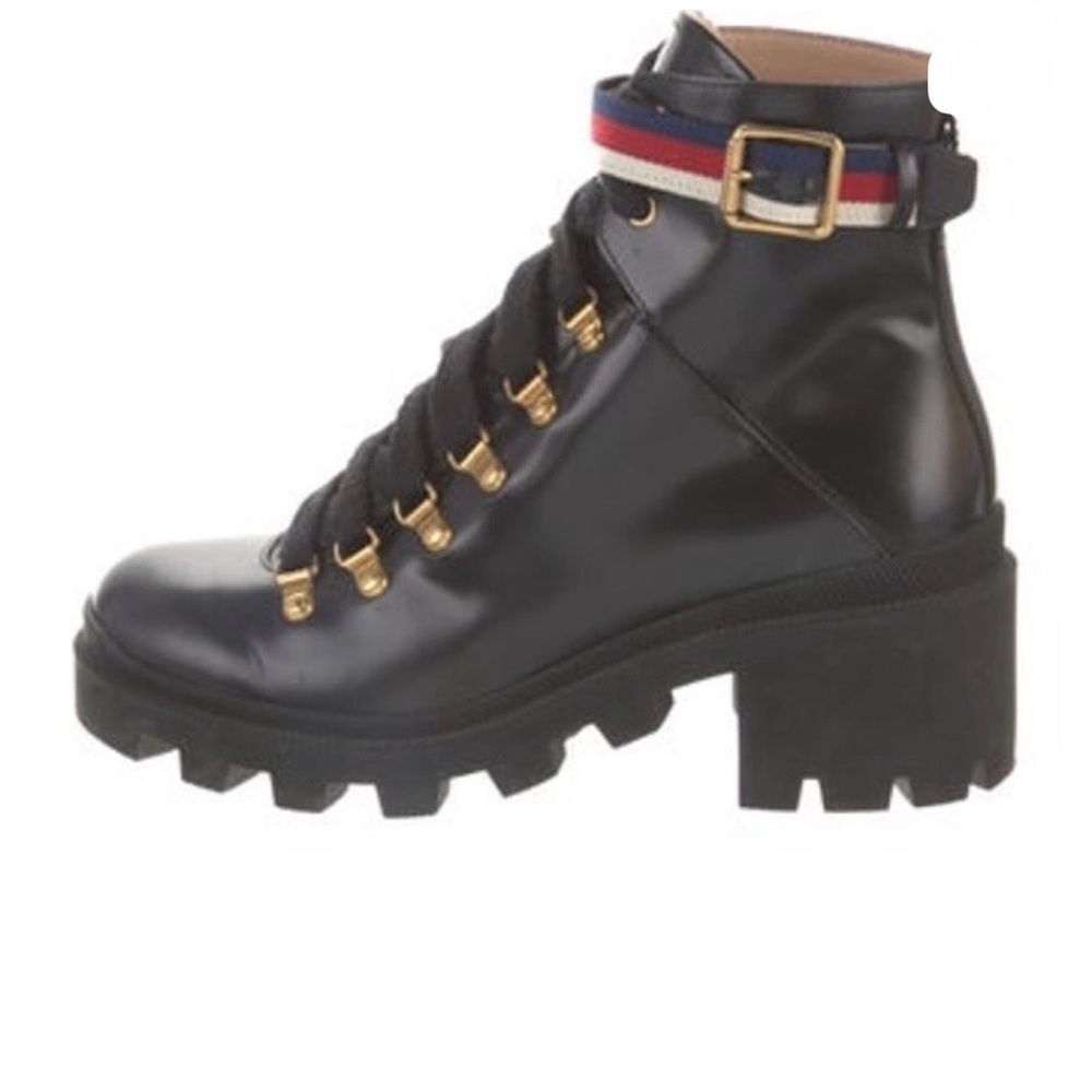 Gucci Black Combat Boots with Gold and Red Accents